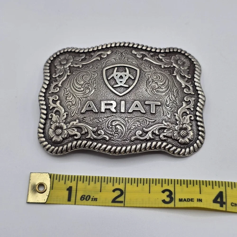 ARIAT Western Filigree Belt Buckle Silver Tone Rodeo Style Men's Cowboy Engraved